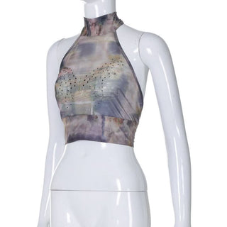 Halter beaded mesh self tie print backless top