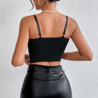 Hollow out lace hem v neck solid cami cut out top