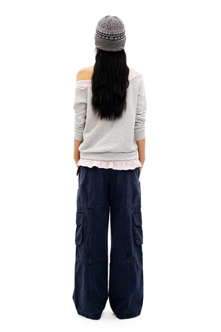 [Moromoro2] Faux Two-piece Off-shoulder Ruffle  Sweatshirt