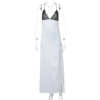 Cross back self tie spaghetti strap v neck slit maxi dress