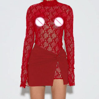 High neck long sleeve lace mini skirt set