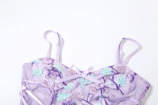 Flower embroidery bowknot mesh lace up cami bodysuit