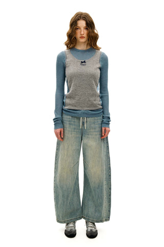 [Moromoro2] Slub Washed Curved Wide Pants