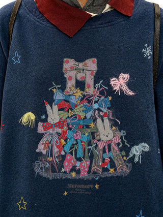 [Moromoro2] Bow Print Layered Hooded  Sweatshirt