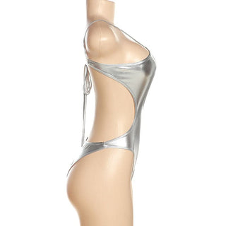 Cross front metallic backless bodysuit