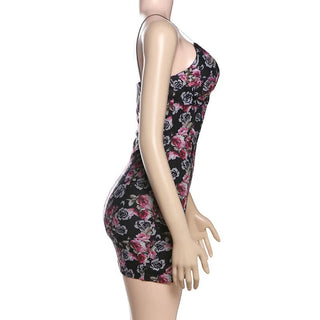 V neck lace flower print cami mini dress