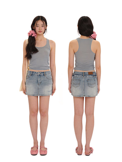 [moromoro2] Ruffle Back Denim Skirt