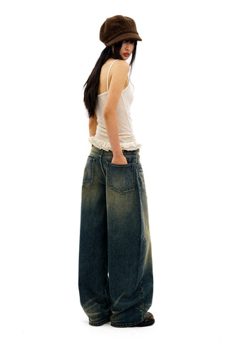 [Moromoro2] Distressed Curved Denim Pants