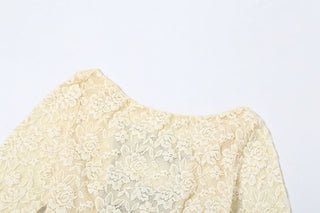 Long sleeve lace up lace ruffle mini dress