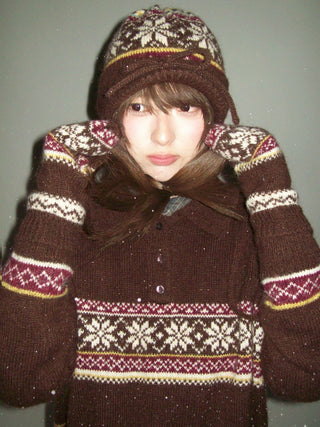 [Moromoro2] Fair Isle Knit Mittens with  Strap