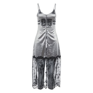 U neck button high slit lace hem patchwork cami top