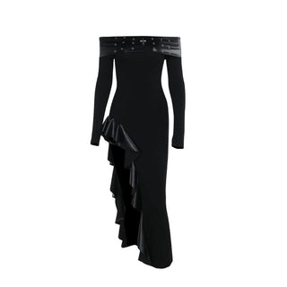 Off shoulder long sleeve PU leather slit ruffle maxi dress