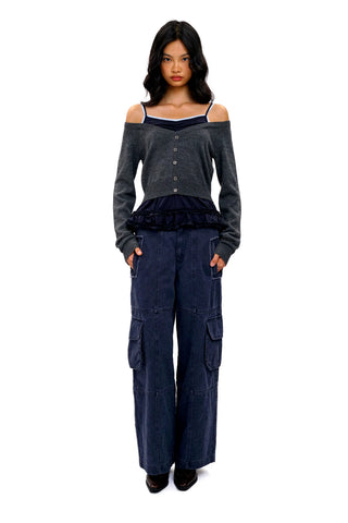 [Moromoro2] Faux Layered Off-Shoulder  Cardigan