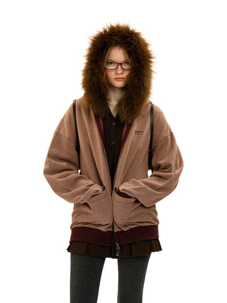 [Moromoro2] Contrast Striped Hooded Cardigan  Set