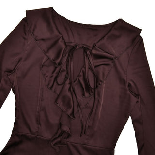 Long flared sleeve satin self tie ruffle ruched mini dress