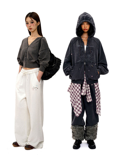 [Moromoro2] Bowknot Rhinestone Hooded Set