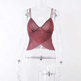 Ruffle v neck sheer mesh cross front print see through crop top