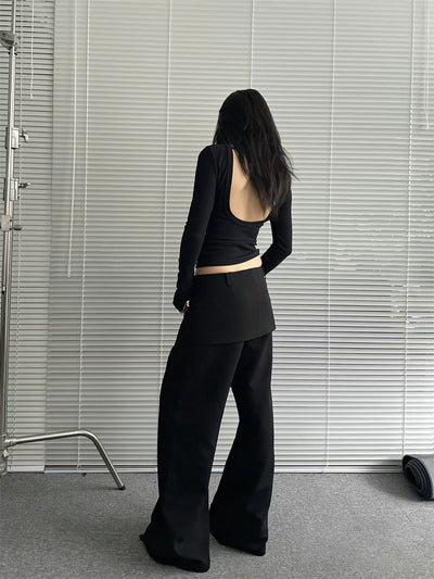 One-strap slim U-shaped backless long-sleeved top
