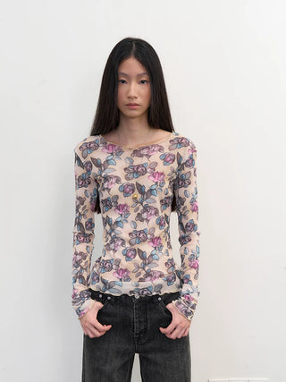 [NeverSeez] Rose Print Mesh Long Sleeve Top