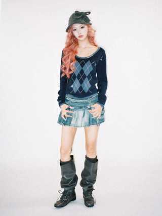 [Moromoro2] Argyle Faux Two-piece Sweater