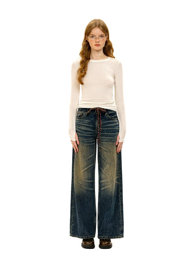[Moromoro2] Vintage Pleated Wide Leg Jeans