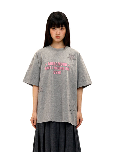 [Moromoro2] Embroidered Star Patch Distressed  T-shirt