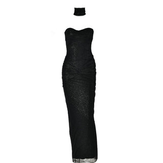 Sweetheart neck glitter ruched 2 piece tube maxi dress