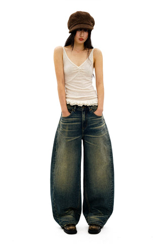 [Moromoro2] Distressed Curved Denim Pants