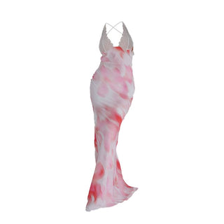 V neck lace hem backless print cami maxi dress