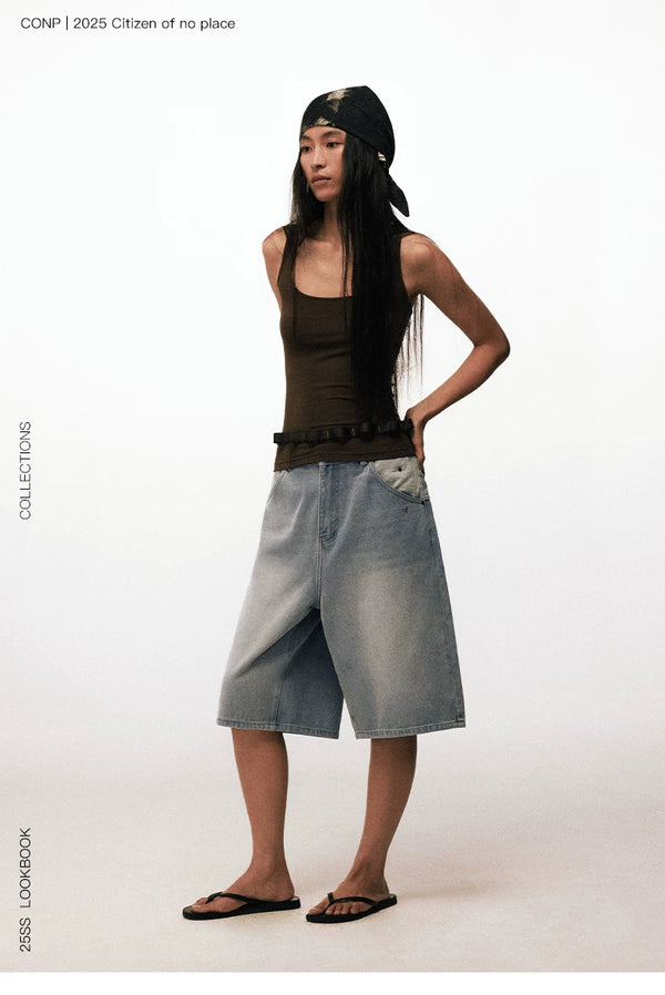 [CONP] Nylon Patchwork Denim Cropped Pants