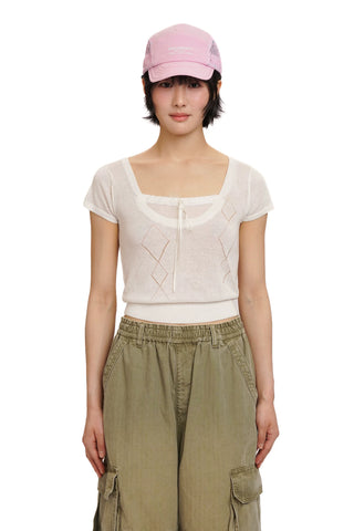 [moromoro2] Diamond Eyelet Lace Trim Top