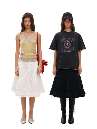 [Moromoro2] Faux Two-piece Plaid A-line  Skirt