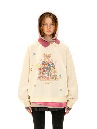[Moromoro2] Bow Print Layered Hooded  Sweatshirt
