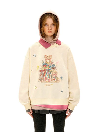 [Moromoro2] Bow Print Layered Hooded  Sweatshirt