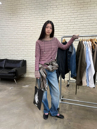 [NeverSeez] Linen Blend Striped T-shirt