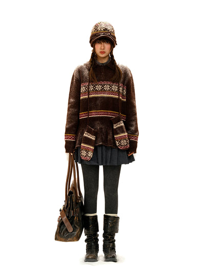 [Moromoro2] Vintage Fair Isle Polo Peplum  Sweater