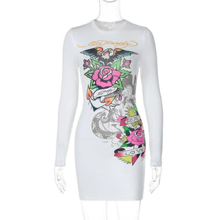 Crewneck long sleeve flower print mini dress