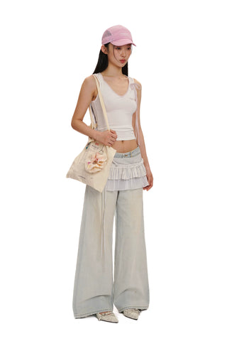 [moromoro2] ontrast-Edge Bow Strap Cami Top