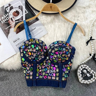 Sweetheart neck padded denim beaded cami top