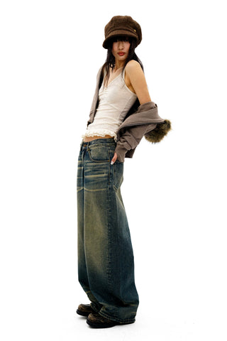[Moromoro2] Distressed Curved Denim Pants