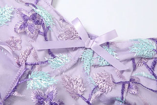 Flower embroidery bowknot mesh lace up cami bodysuit