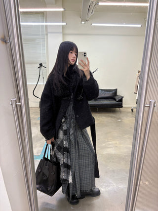 [NeverSeez] Pleated Plaid Skirt with Removable Waist Detail