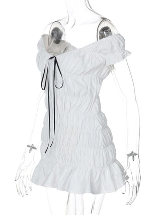 Ruched ribbon off shoulder v neck mini dress