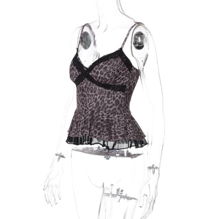 Leopard print mesh v neck lace hem cami top