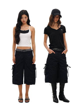 [Moromoro2] Faux Two-piece Waist Cropped  Pants