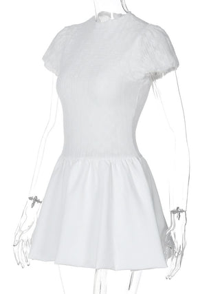 Ruched zip-up crewneck cap sleeve mini dress