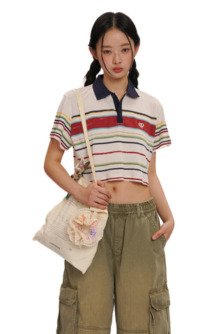 [moromoro2] Striped Crop T-Shirt