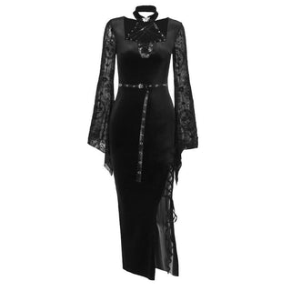 Long flared sleeve halter belt slit velvet maxi dress