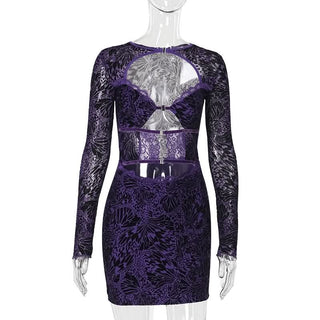 Long sleeve hollow out lace button cut out mini dress