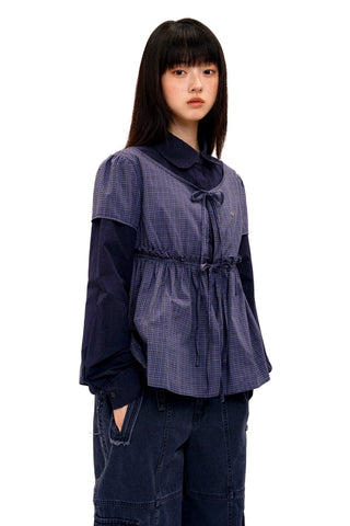 [Moromoro] Faux Two-piece Plaid Ruffled  Shirt